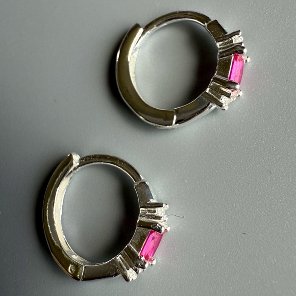 Sterling Silver Ruby Baguette Huggie Hoop Earrings 11mm - Picture 8 of 11